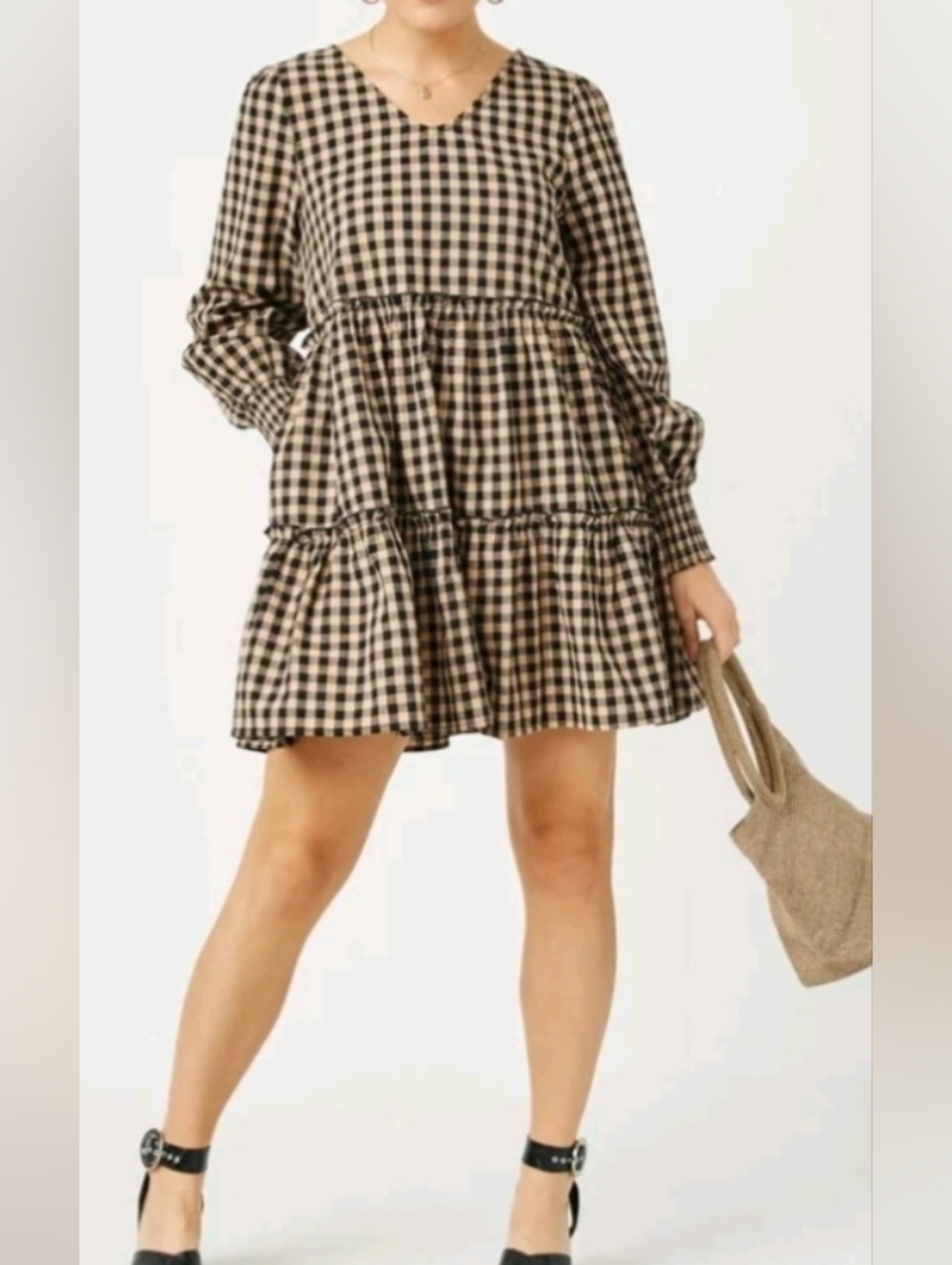 Hayden LA Gingham Tiered Dress 2XL Black & Cream Cotton